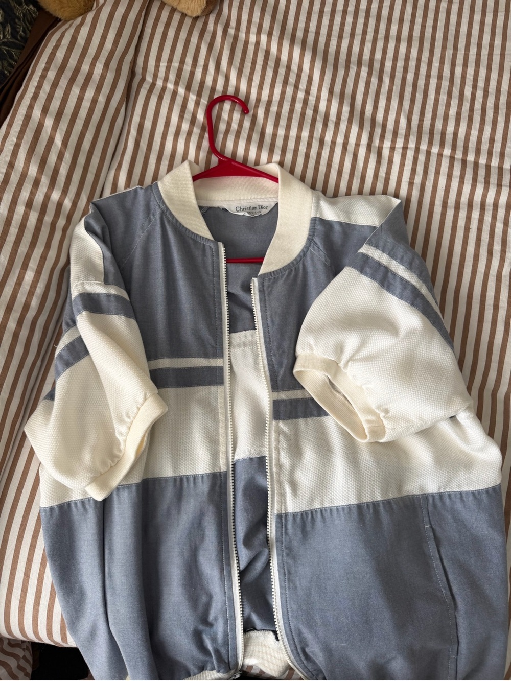 Dior Two-Tone Short-Sleeve Bomber Jacket in Blue and Cream